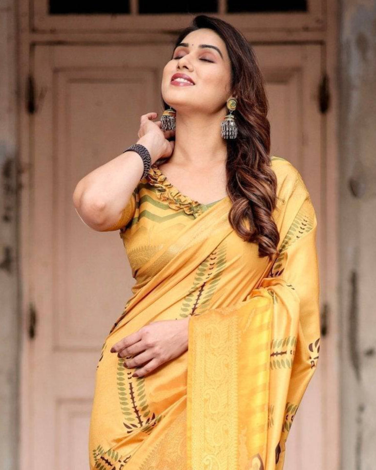 Pure Silk Digital Printed Yellow Saree with Brocade Blouse