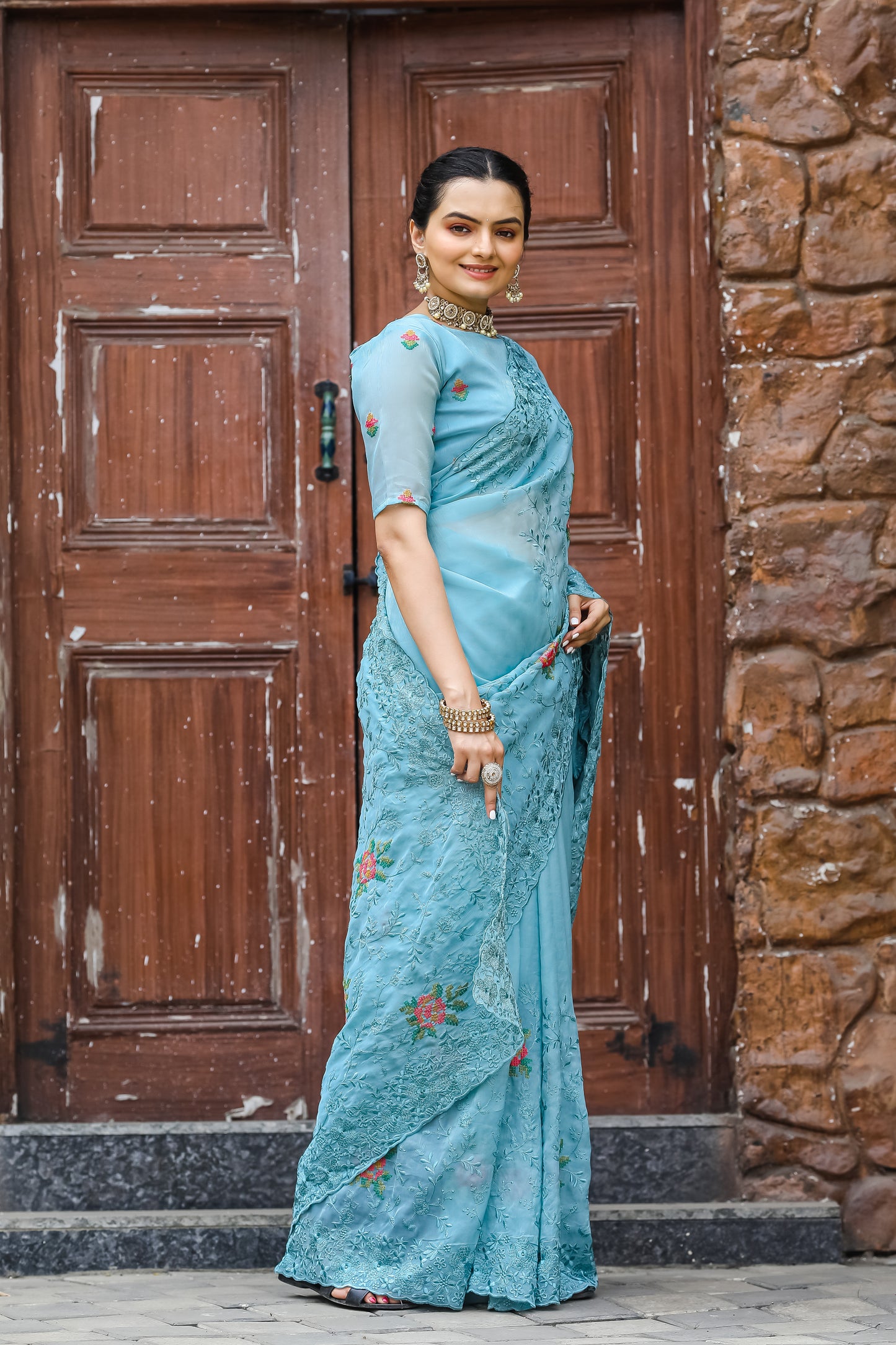 Radiant Sky Blue Color Chiffon Saree with Zari & Embroidery Work