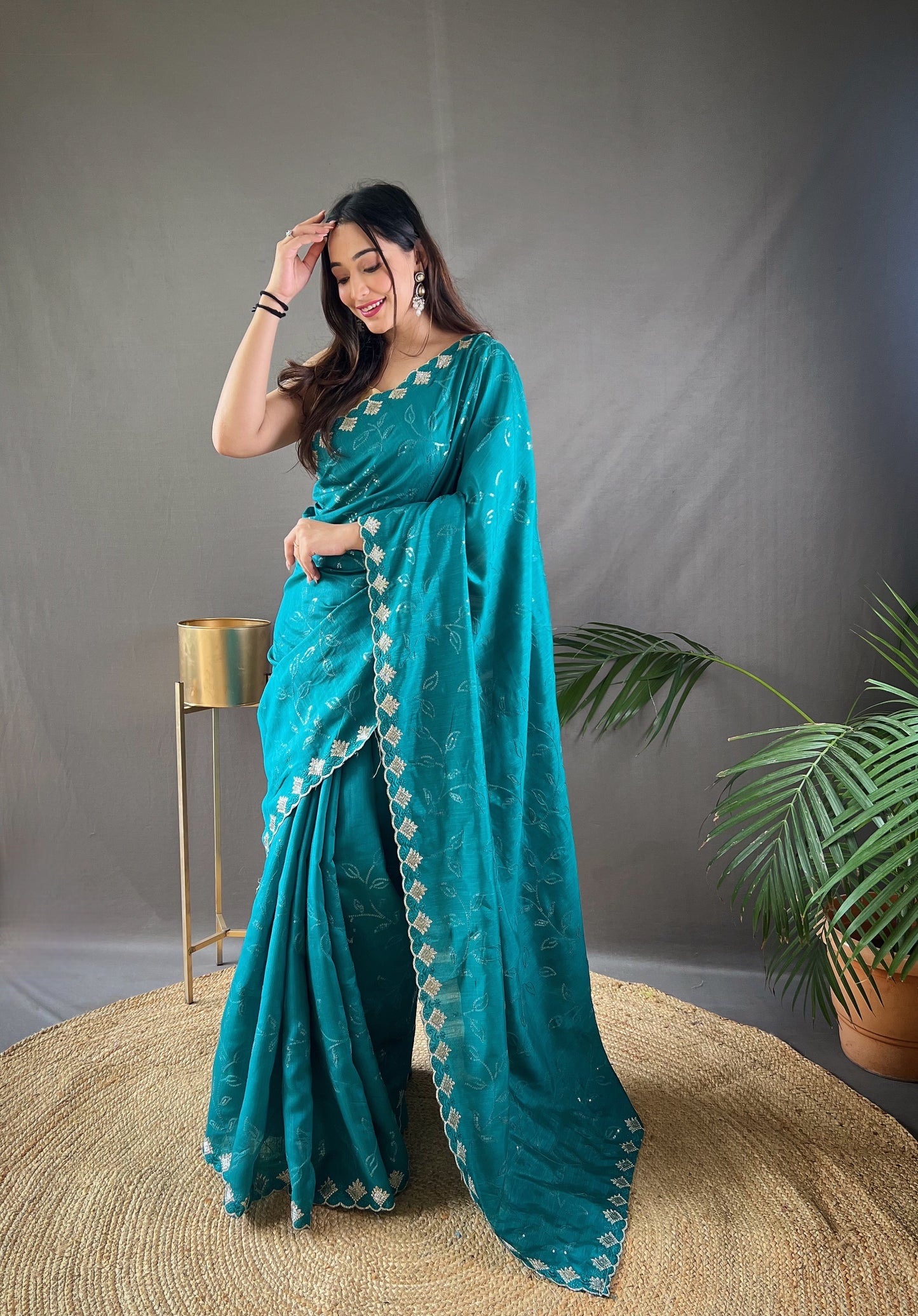 Presenting Ready To Wear Firozi Blue Color Silk Saree