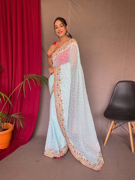 Embroidered Georgette Saree in Light Blue