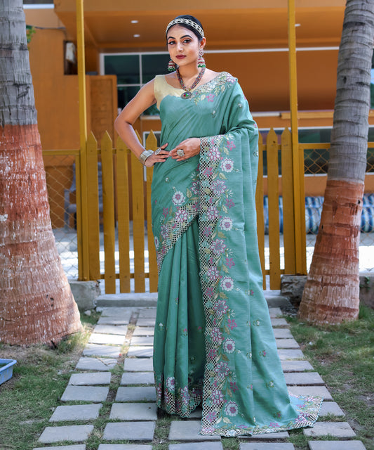 Sky Blue Floral Embroidered Pure Silk Saree