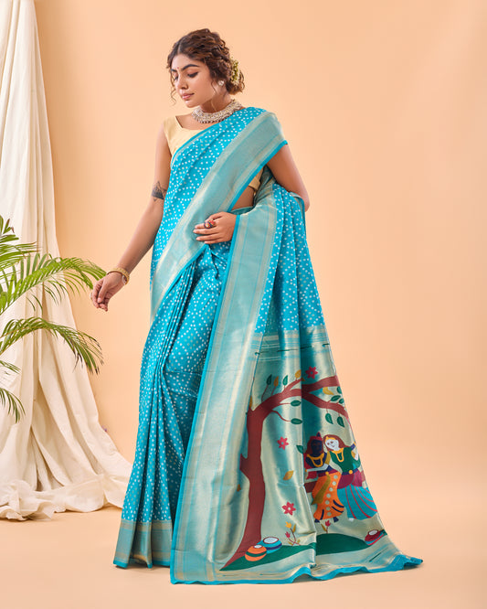 Sky Blue Soft Silk Bandhej Weaving Saree