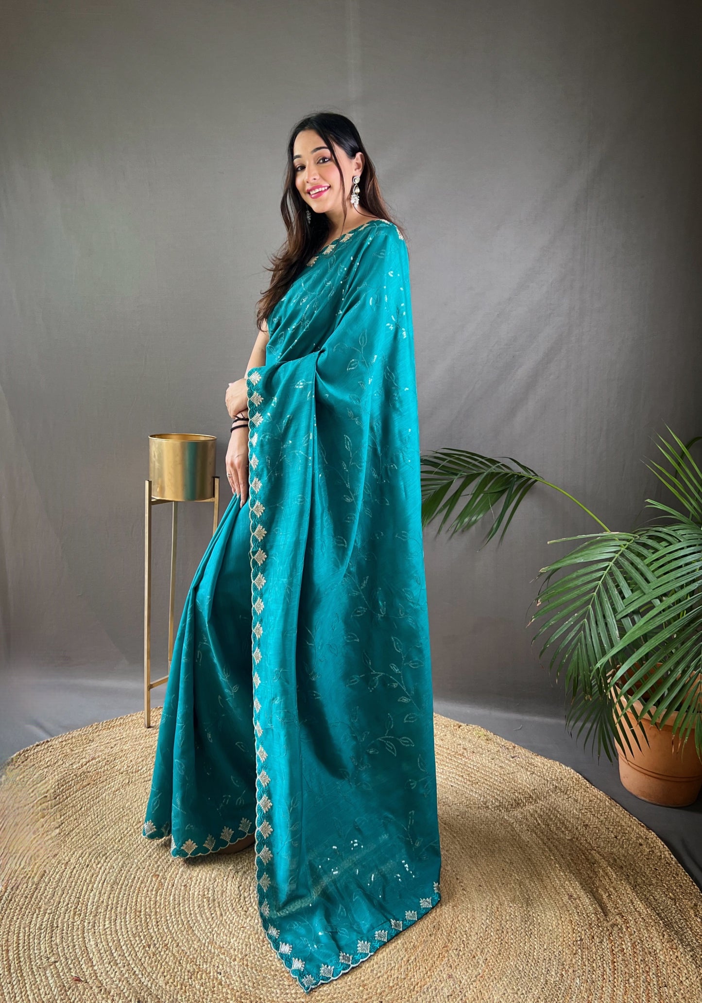 Presenting Ready To Wear Firozi Blue Color Silk Saree