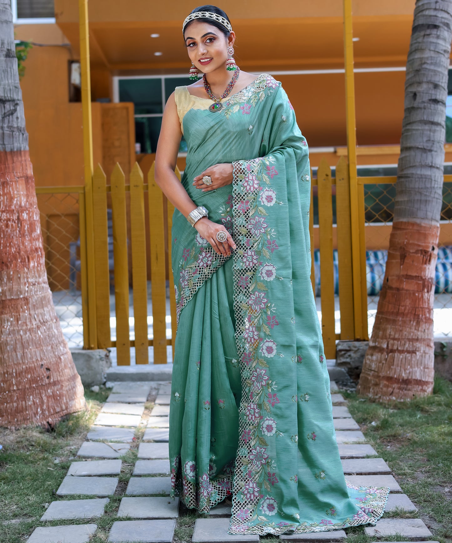 Sky Blue Floral Embroidered Pure Silk Saree