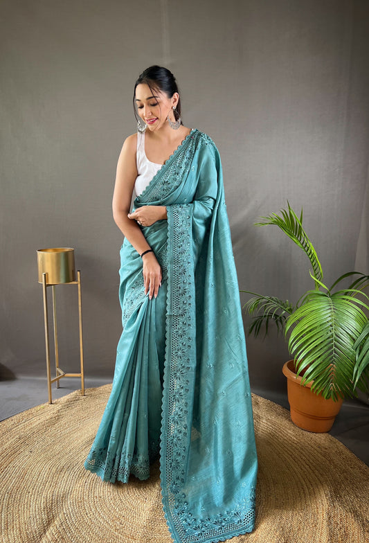 Embroidered Sky Blue Saree With Resham Work And Unstitched Blouse