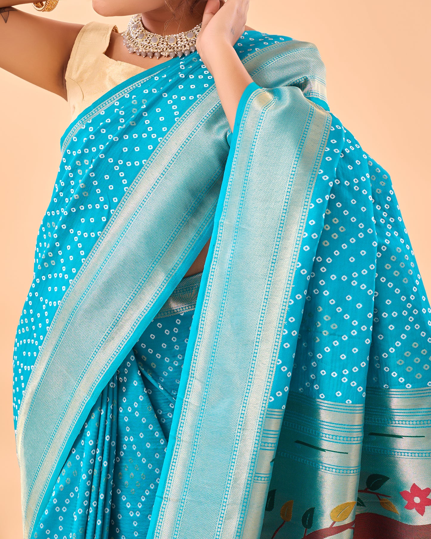 Sky Blue Soft Silk Bandhej Weaving Saree