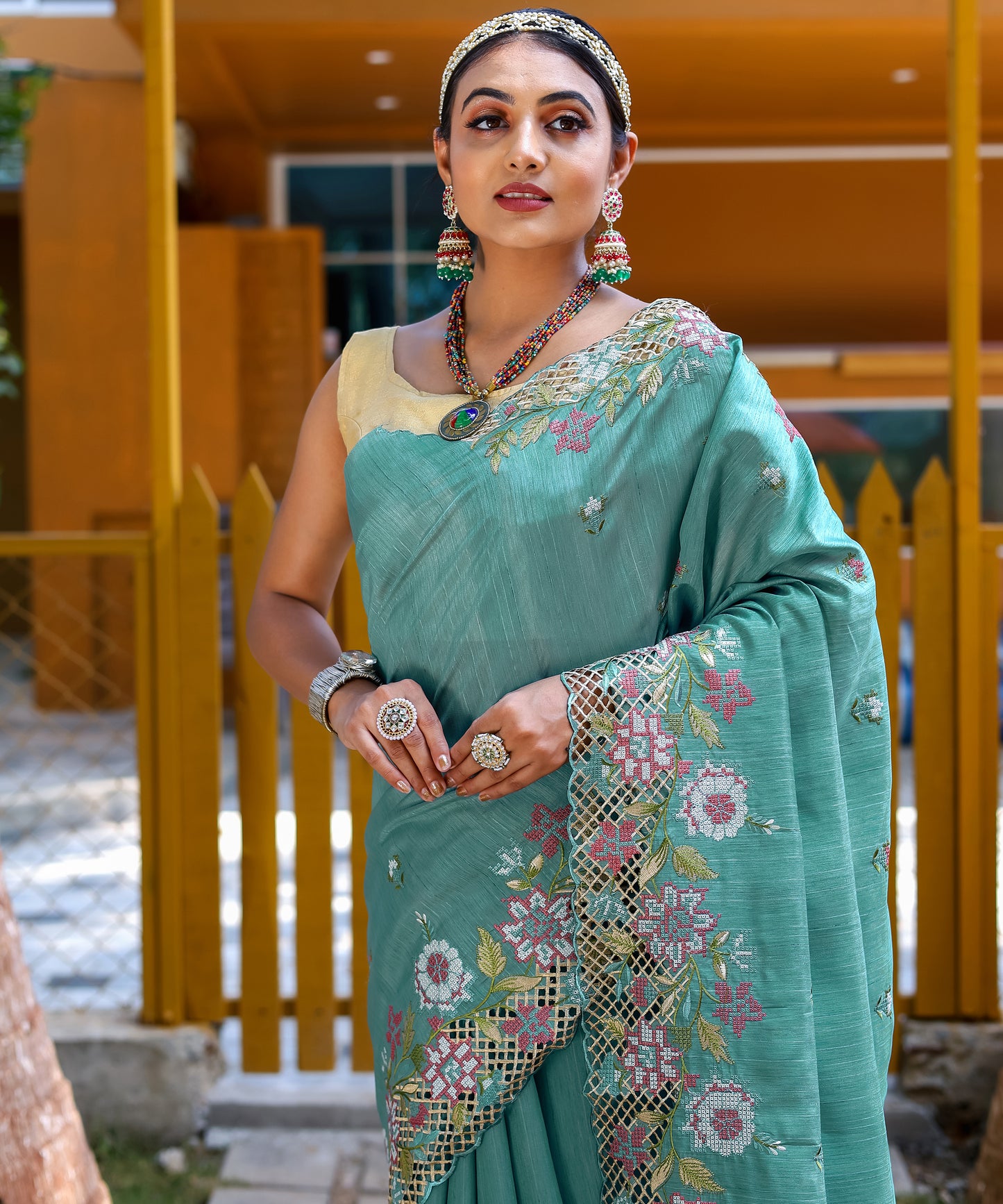 Sky Blue Floral Embroidered Pure Silk Saree