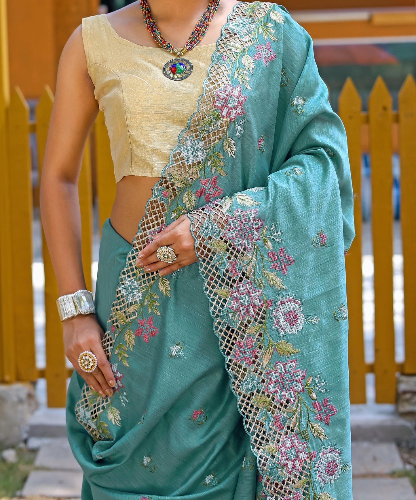 Sky Blue Floral Embroidered Pure Silk Saree