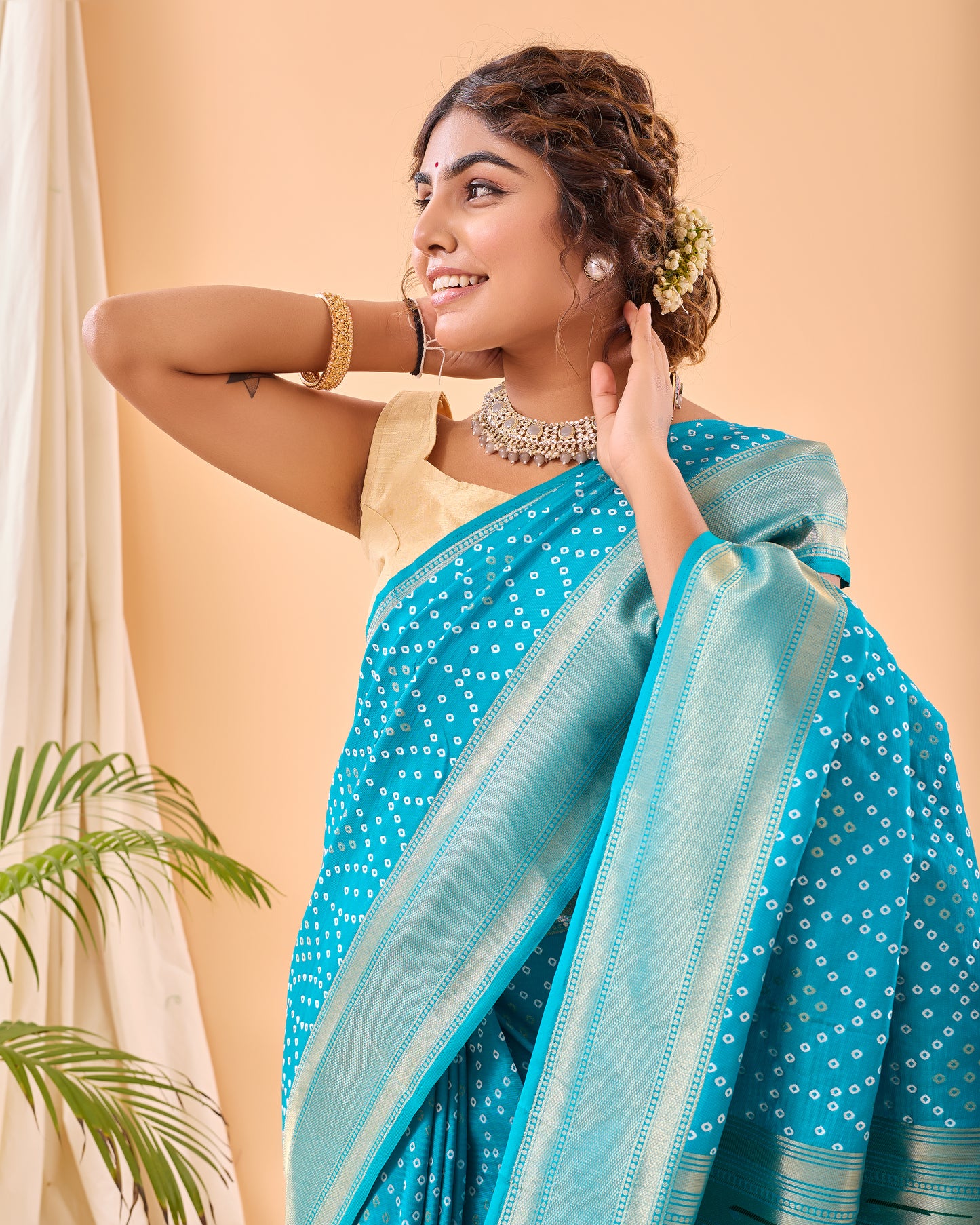 Sky Blue Soft Silk Bandhej Weaving Saree