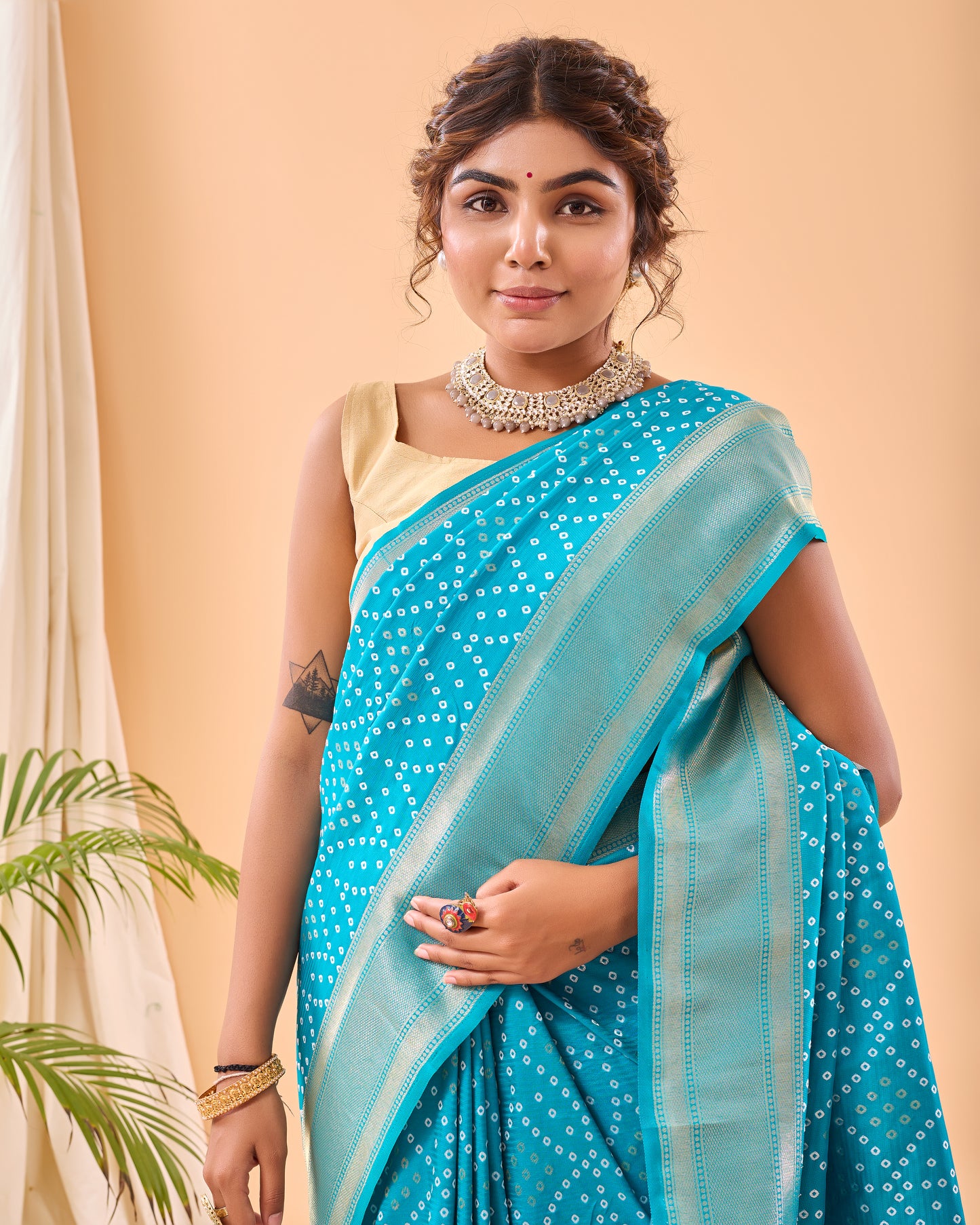 Sky Blue Soft Silk Bandhej Weaving Saree