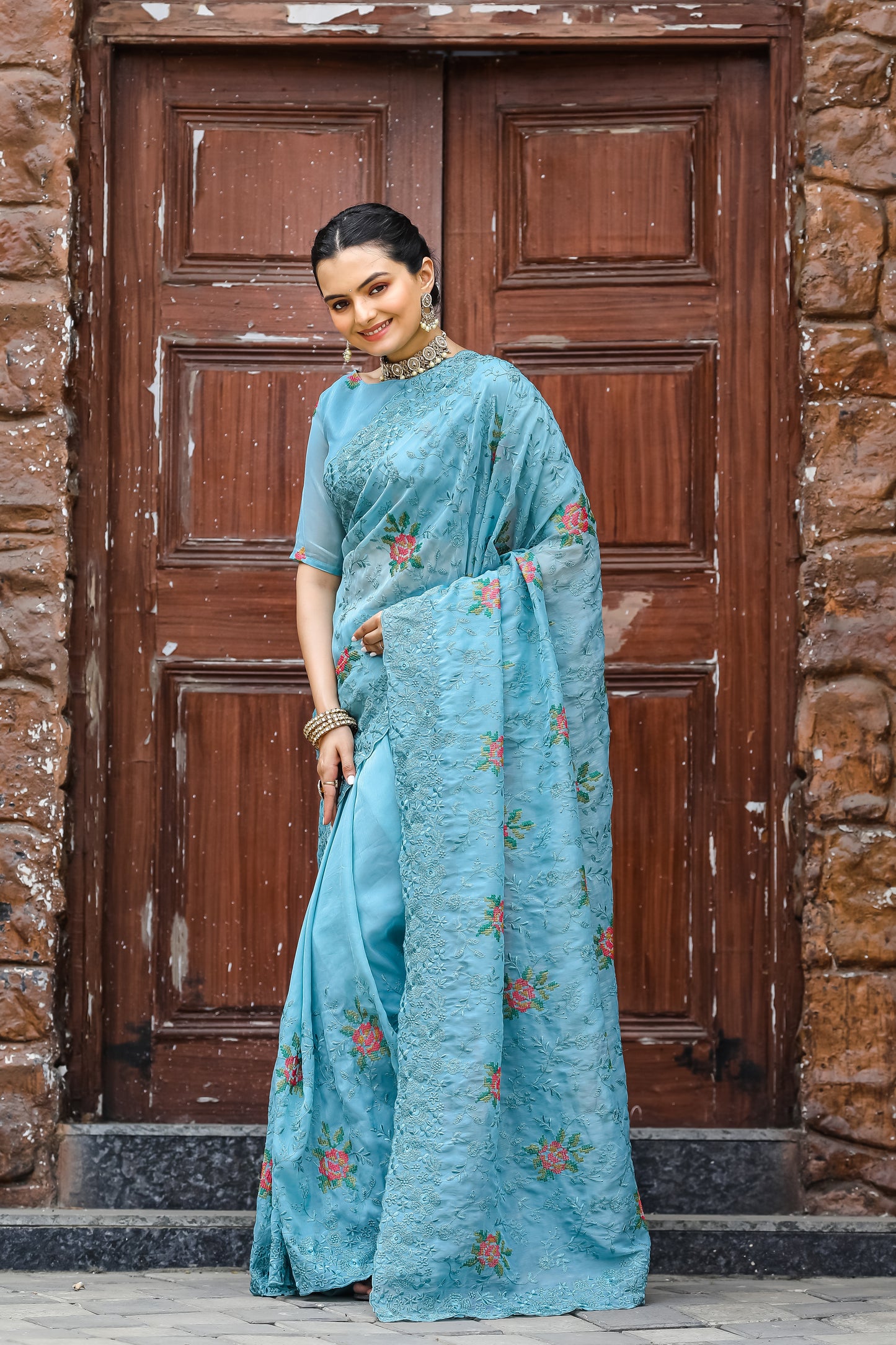 Radiant Sky Blue Color Chiffon Saree with Zari & Embroidery Work