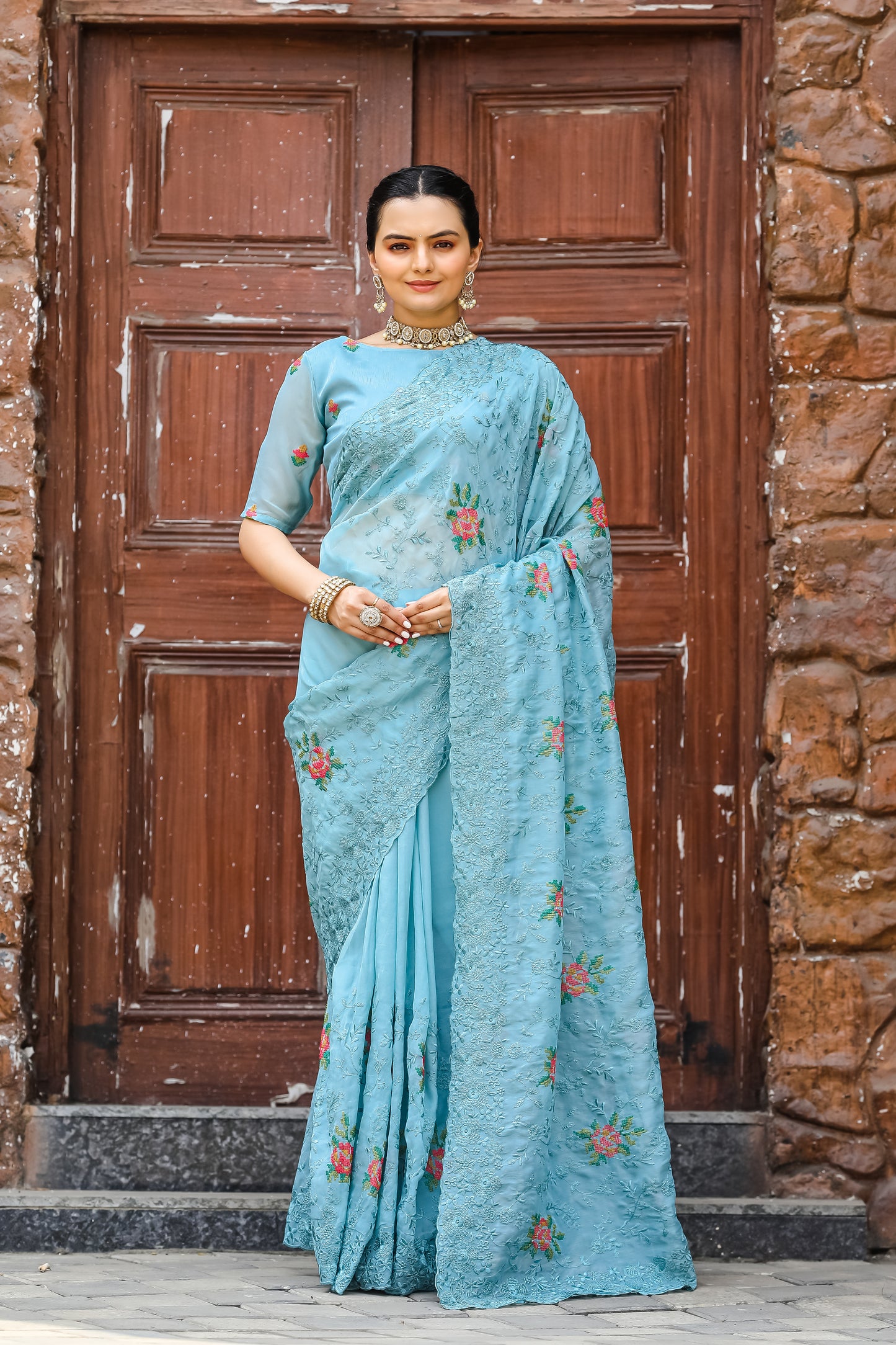 Radiant Sky Blue Color Chiffon Saree with Zari & Embroidery Work