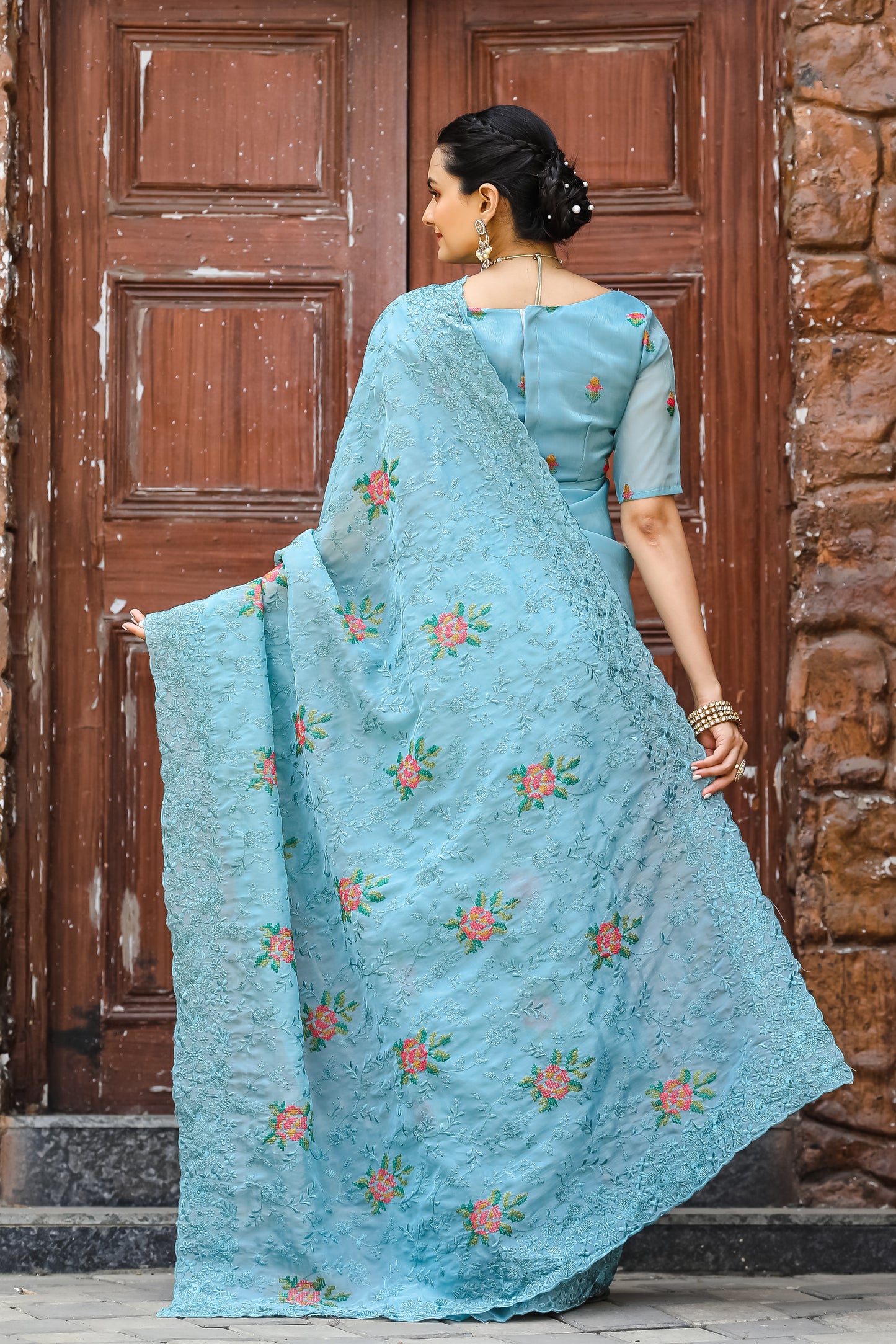 Radiant Sky Blue Color Chiffon Saree with Zari & Embroidery Work