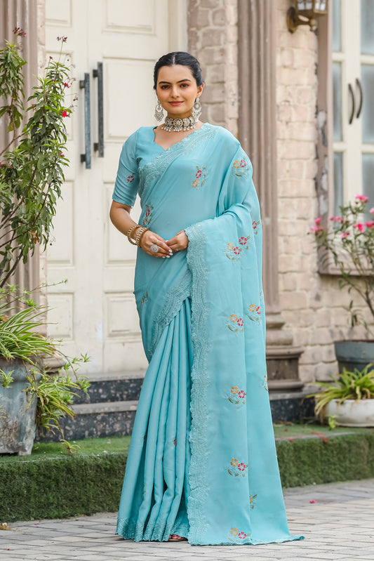 Women Embroidered Sky Blue Saree with Contrast Border