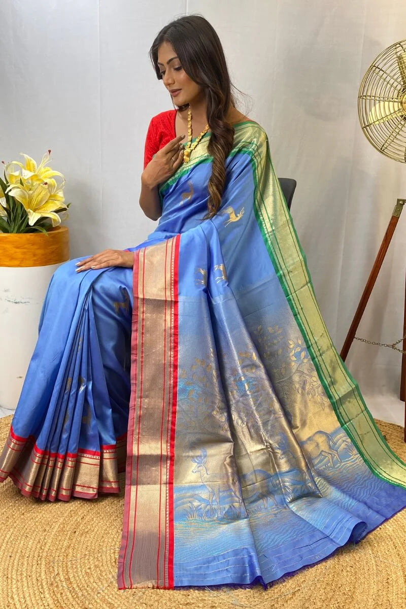 Enamoring Rama Soft Banarasi Silk Saree With Opulent Blouse Piece