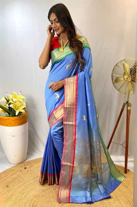 Enamoring Rama Soft Banarasi Silk Saree With Opulent Blouse Piece