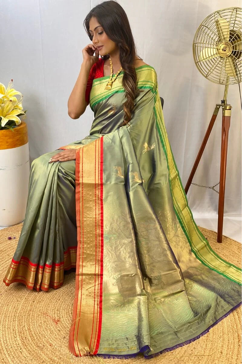 Woebegone Pista Soft Banarasi Silk Saree With Profuse Blouse Piece