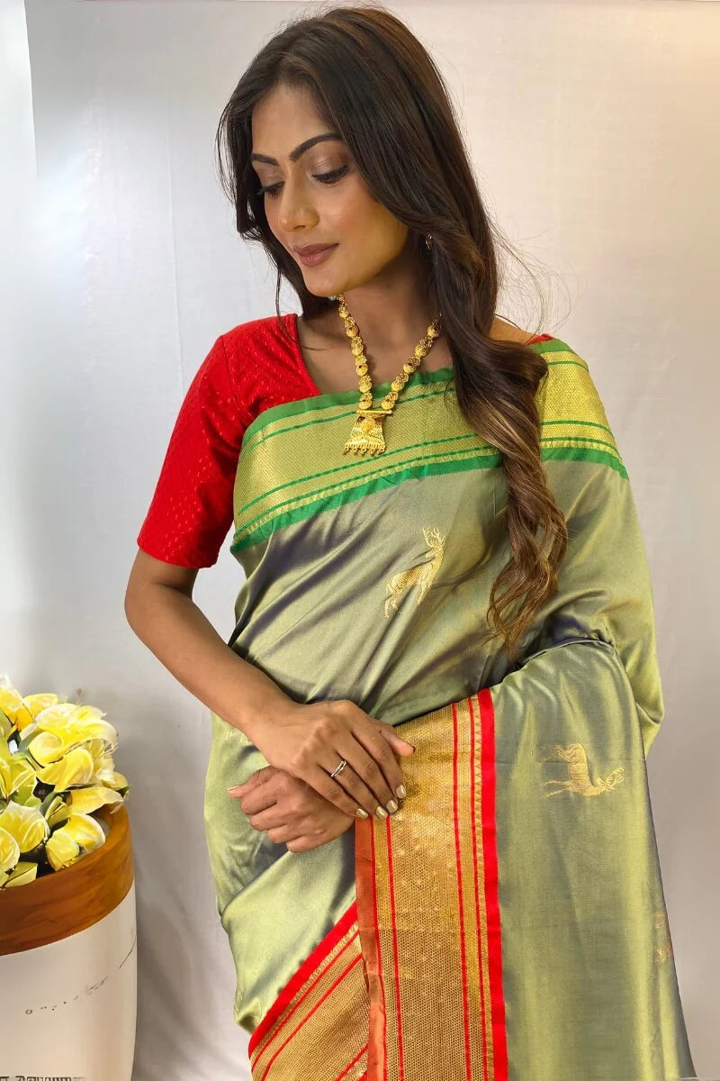 Woebegone Pista Soft Banarasi Silk Saree With Profuse Blouse Piece