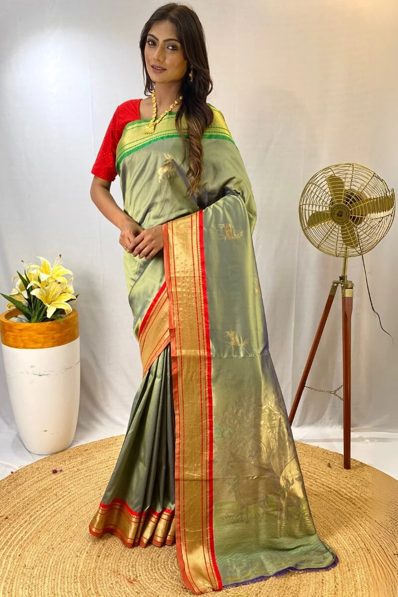 Woebegone Pista Soft Banarasi Silk Saree With Profuse Blouse Piece