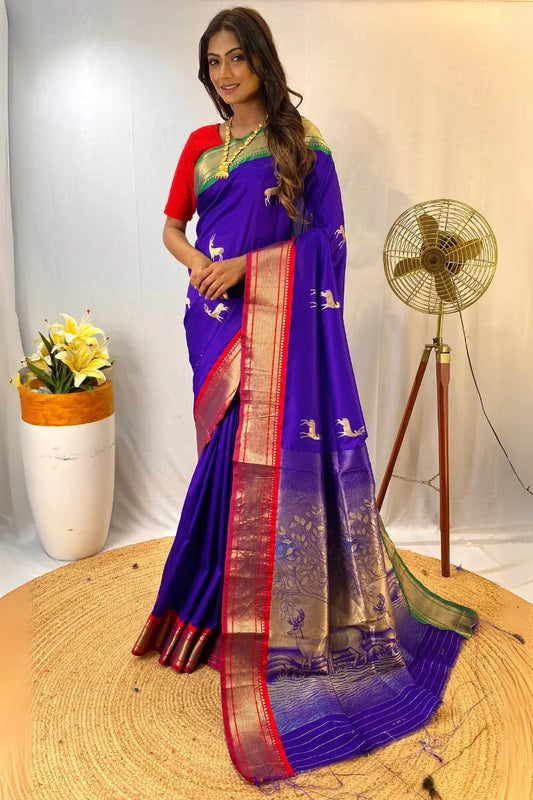 Luminous Royal Blue Soft Banarasi Silk Saree With Dulcet Blouse Piece