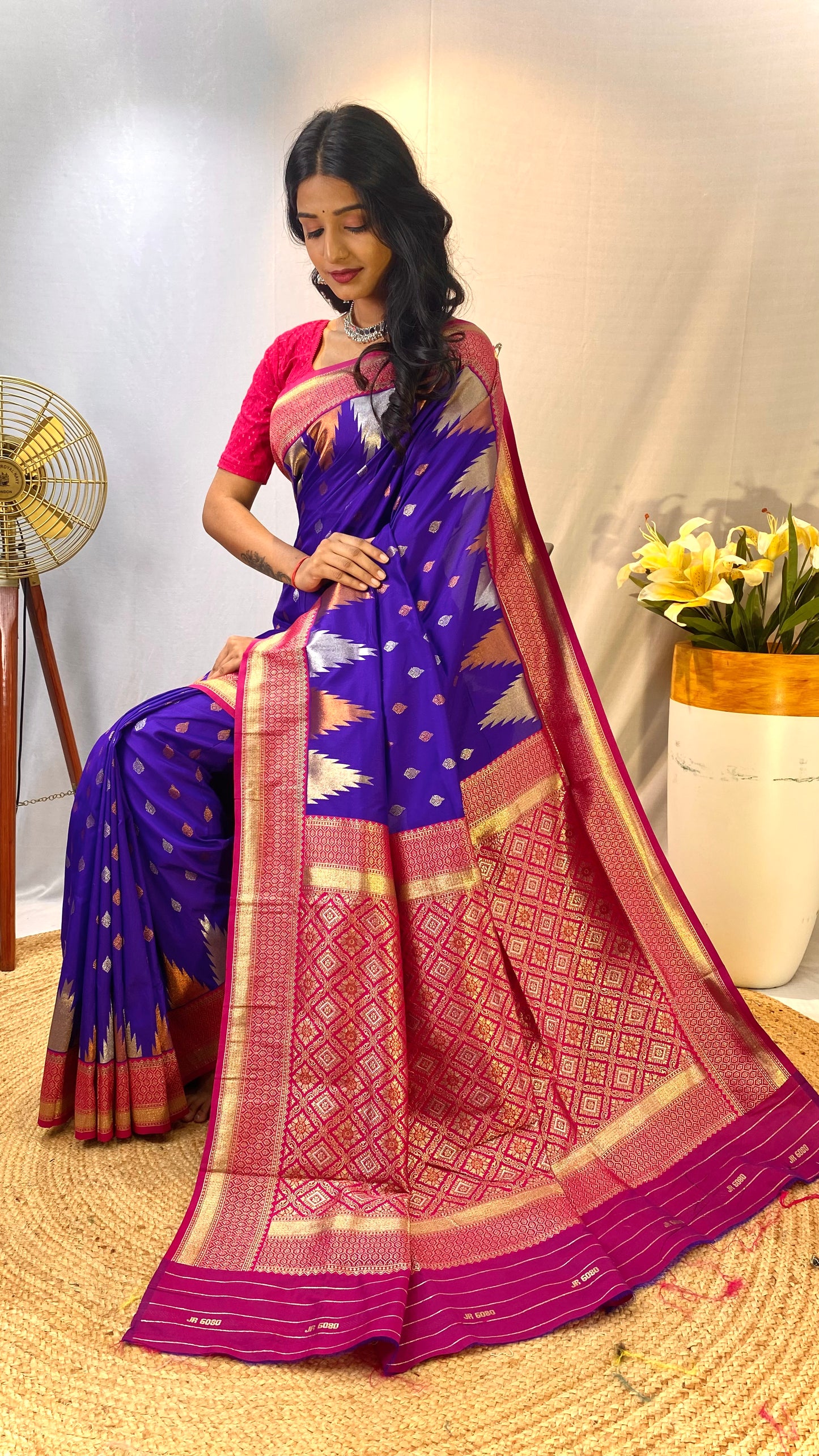 Violet Print Work Silk Traditional Saree