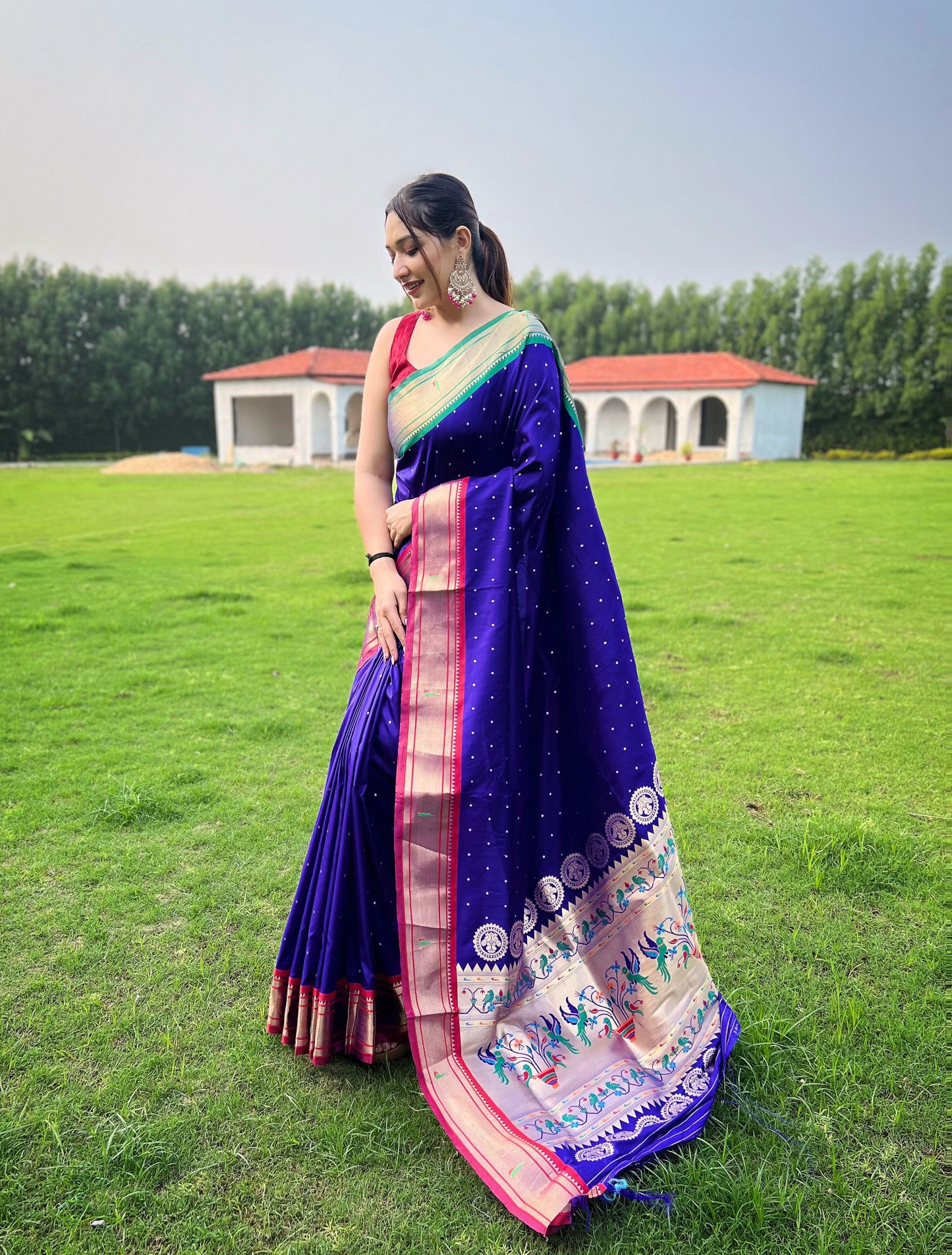 Violet Blue Weaved Zari Paithani Broad Border Silk Saree