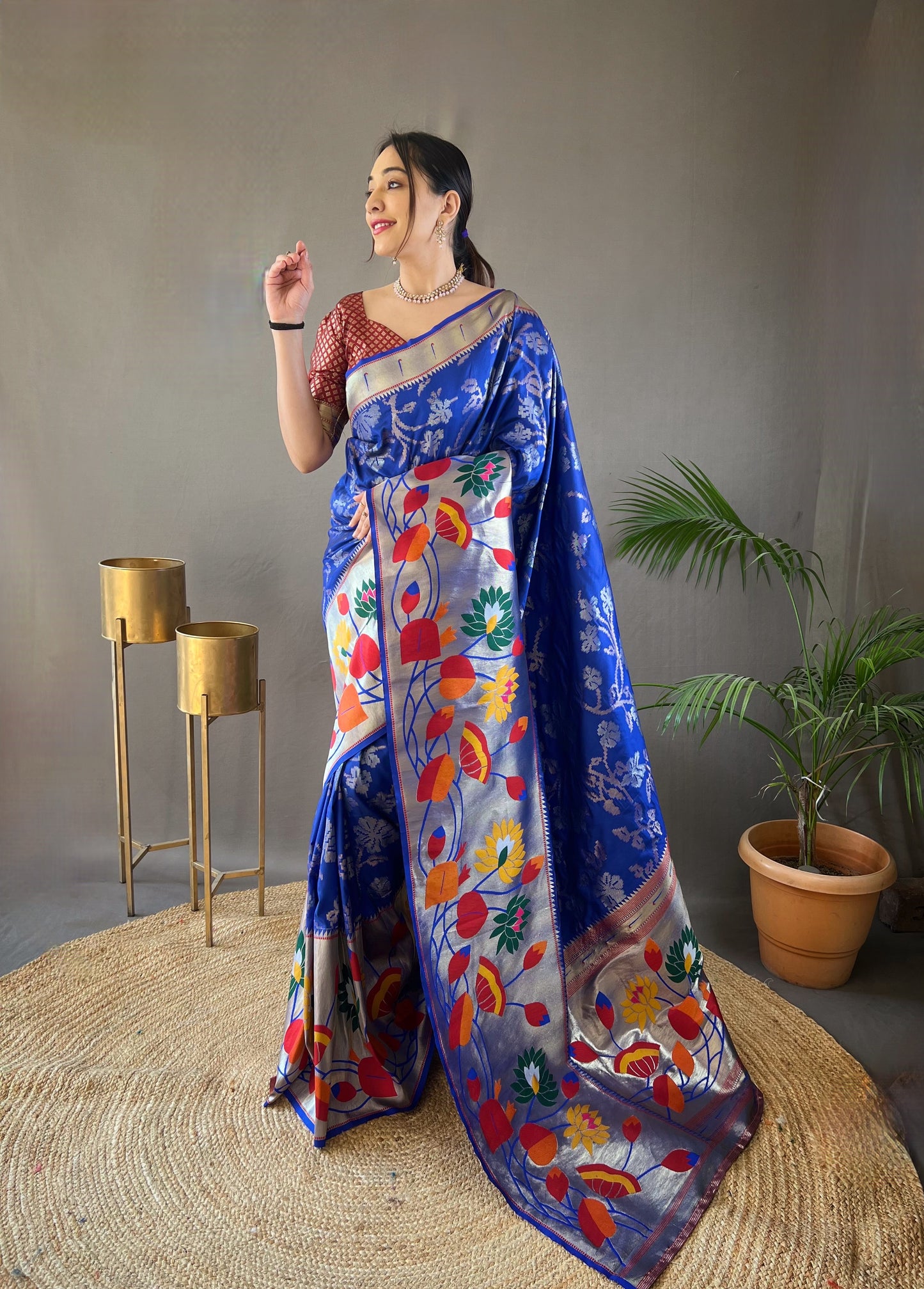 Blue Woven Silk Saree Set