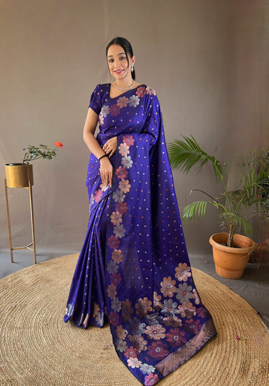 Violet Blue Woven Soft Silk Saree Set