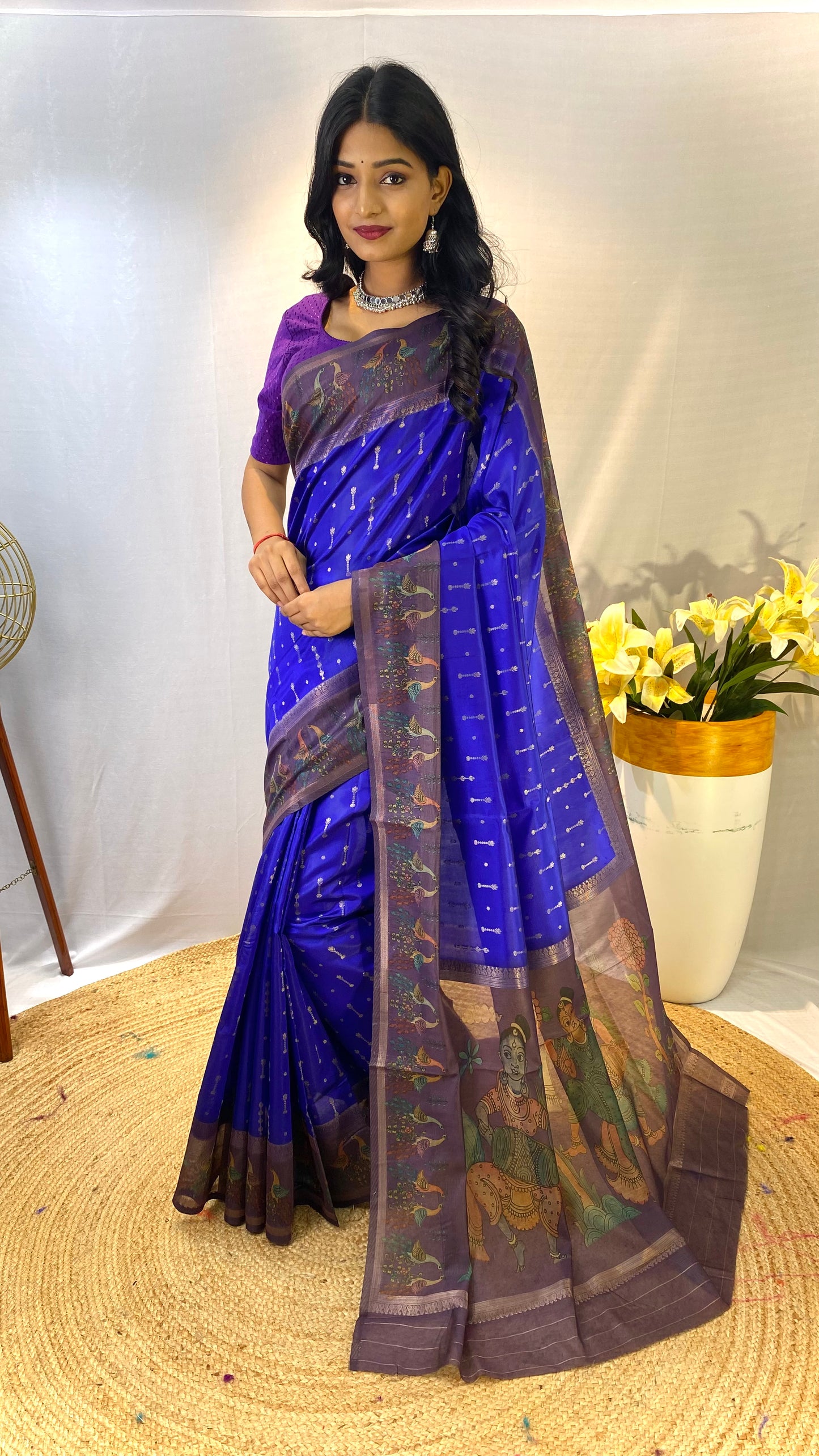 Blue Chanderi Silk Sarees With Contrast Pallu & Border Printed With Contrast Blouse