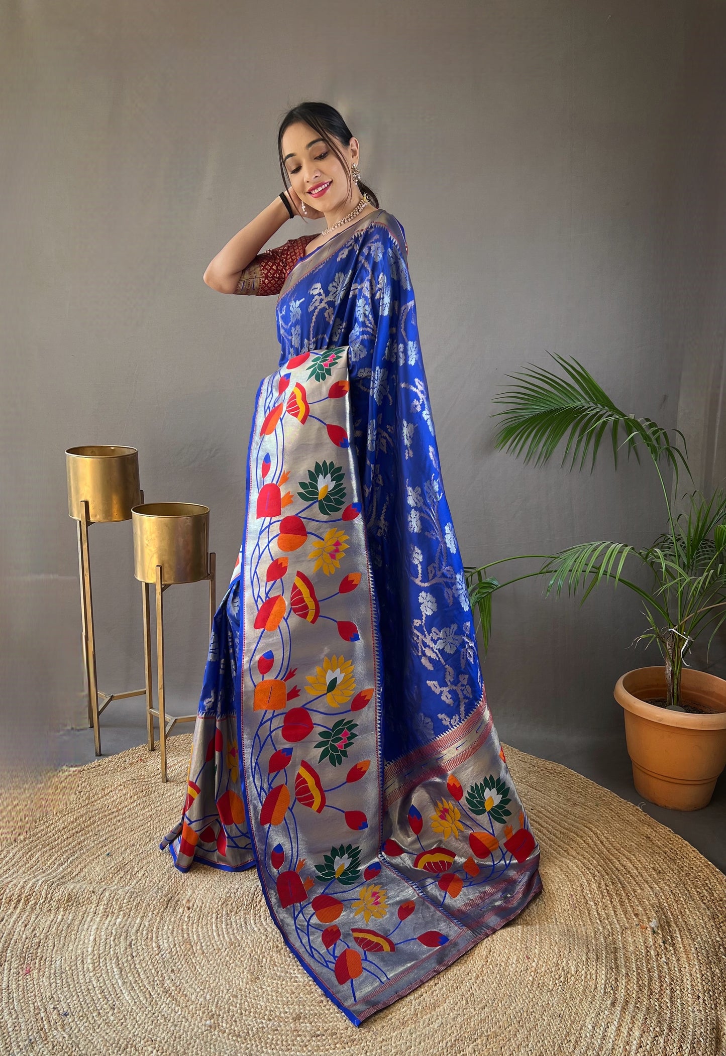 Blue Woven Silk Saree Set