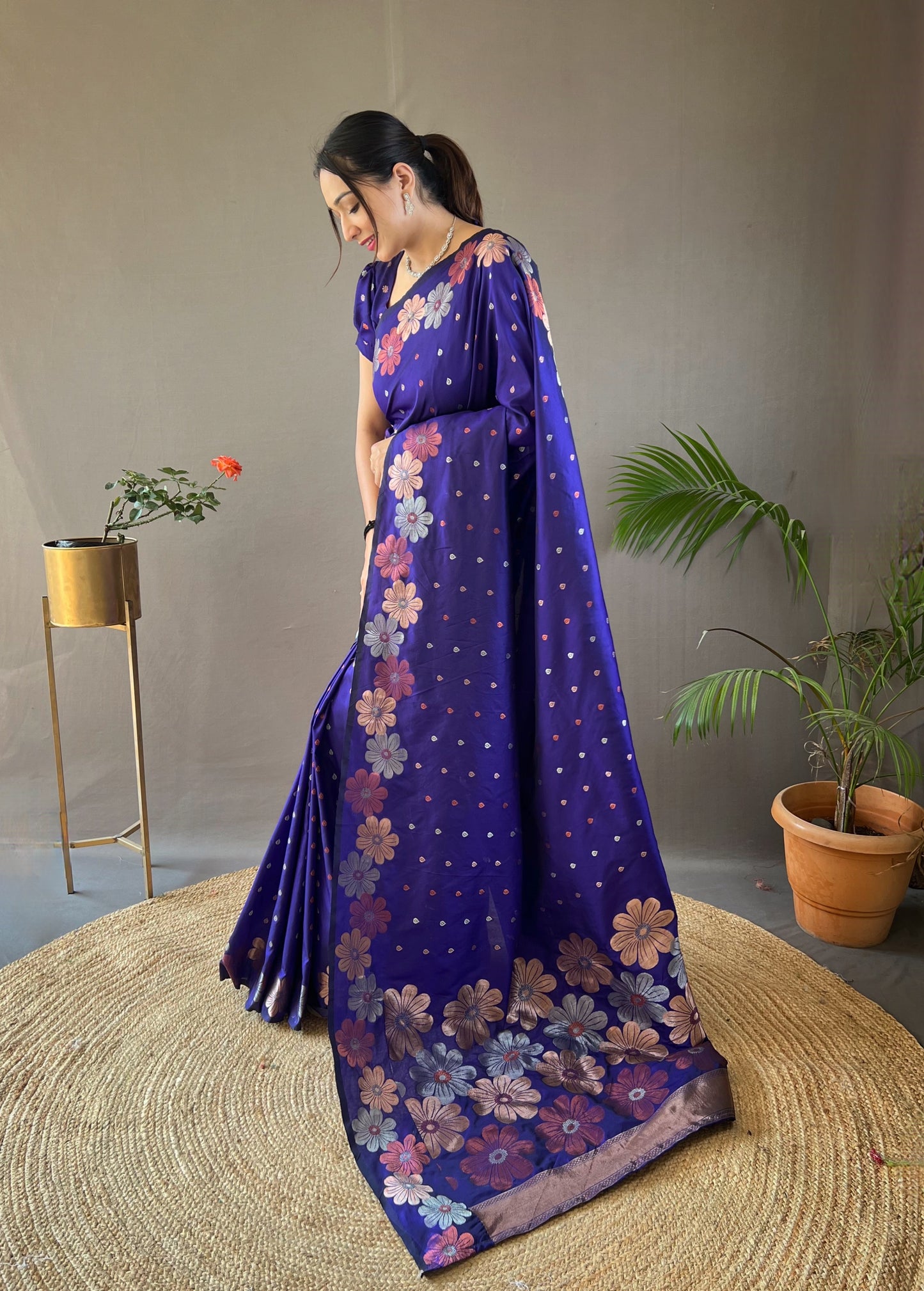 Violet Blue Woven Soft Silk Saree Set