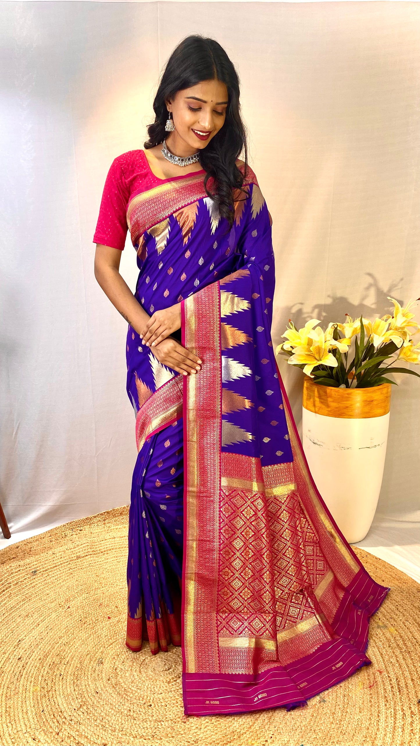 Violet Print Work Silk Traditional Saree