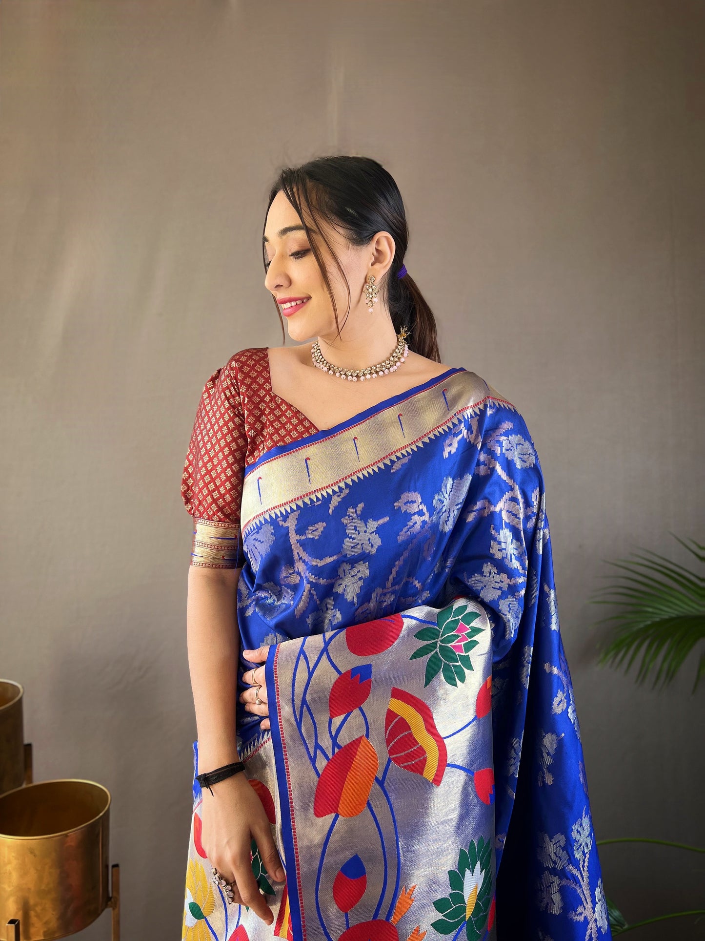 Blue Woven Silk Saree Set