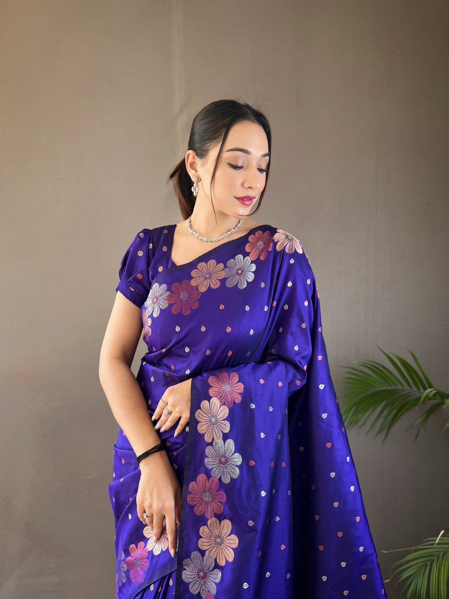 Violet Blue Woven Soft Silk Saree Set