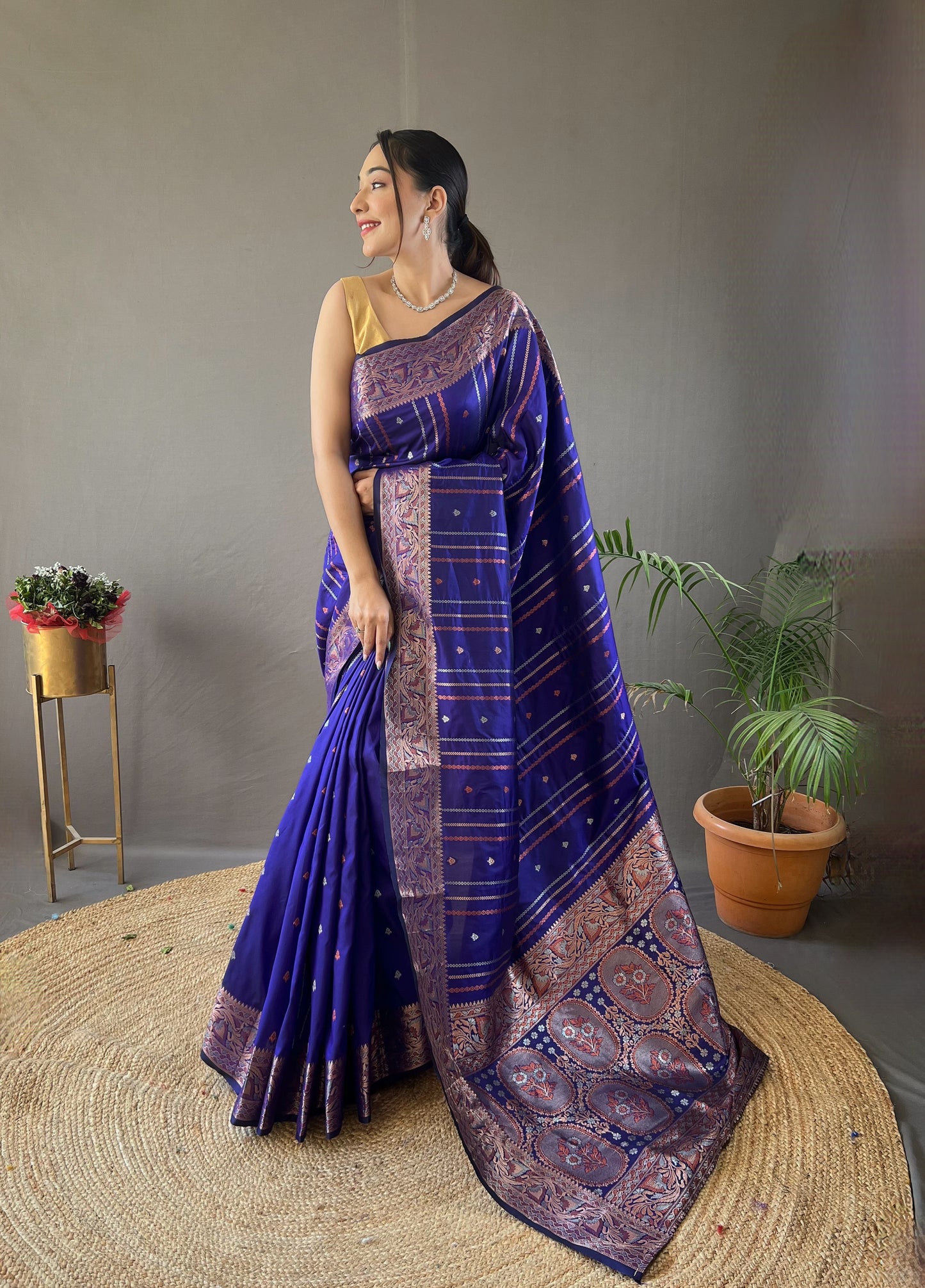 Groovy Royal Blue Soft Banarasi Silk Saree With Blooming Blouse Piece