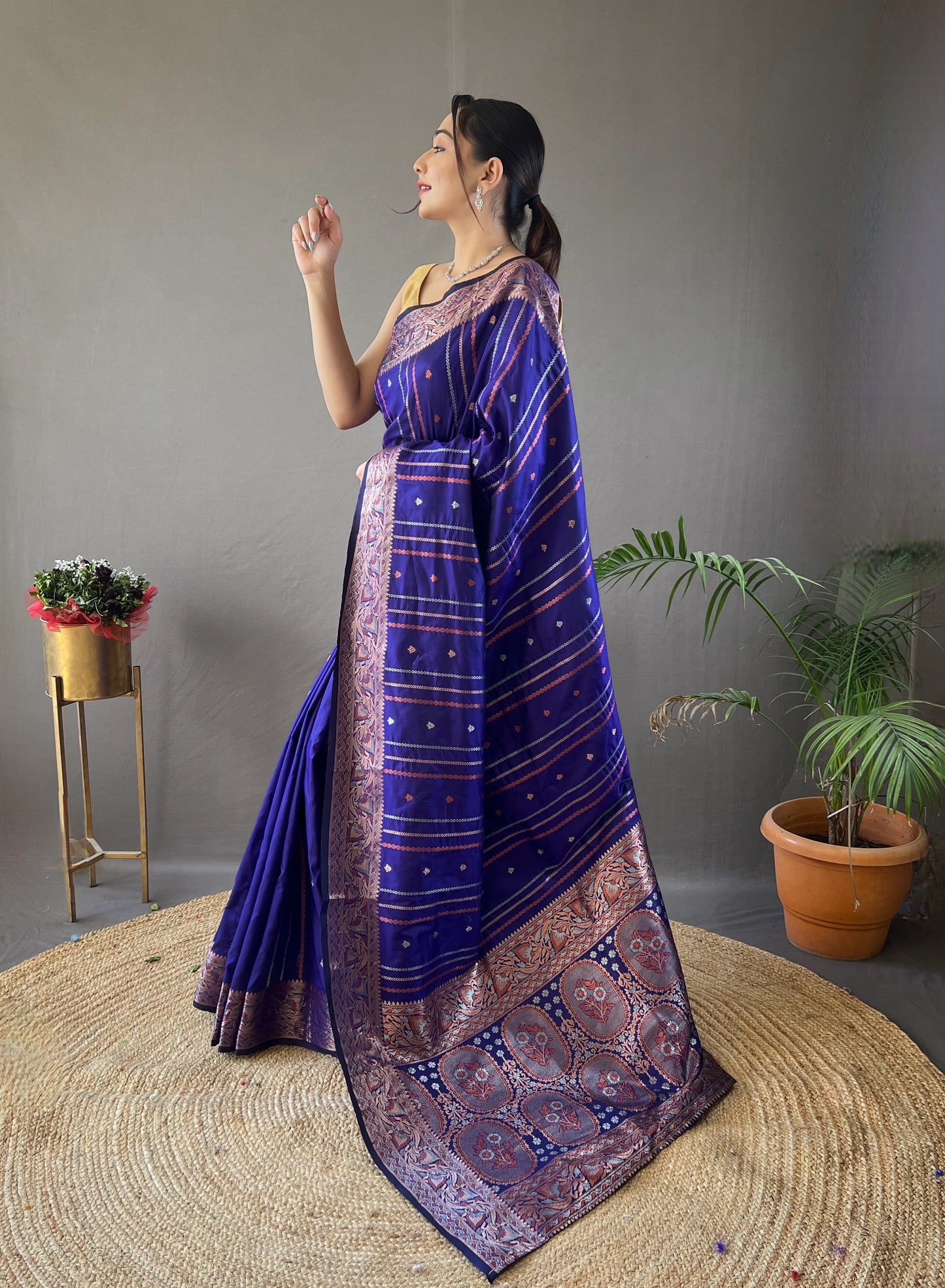 Groovy Royal Blue Soft Banarasi Silk Saree With Blooming Blouse Piece