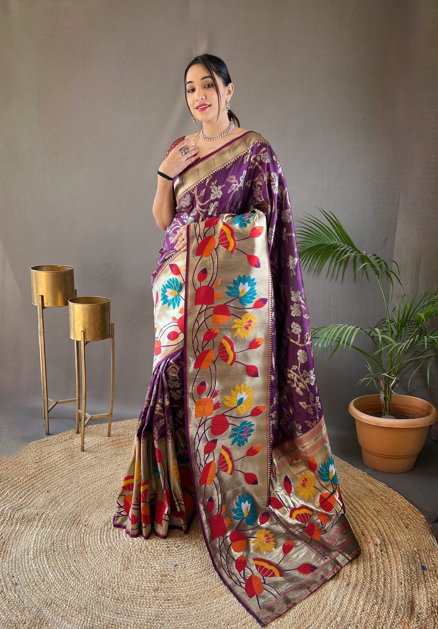 Wine Woven Silk Saree Set