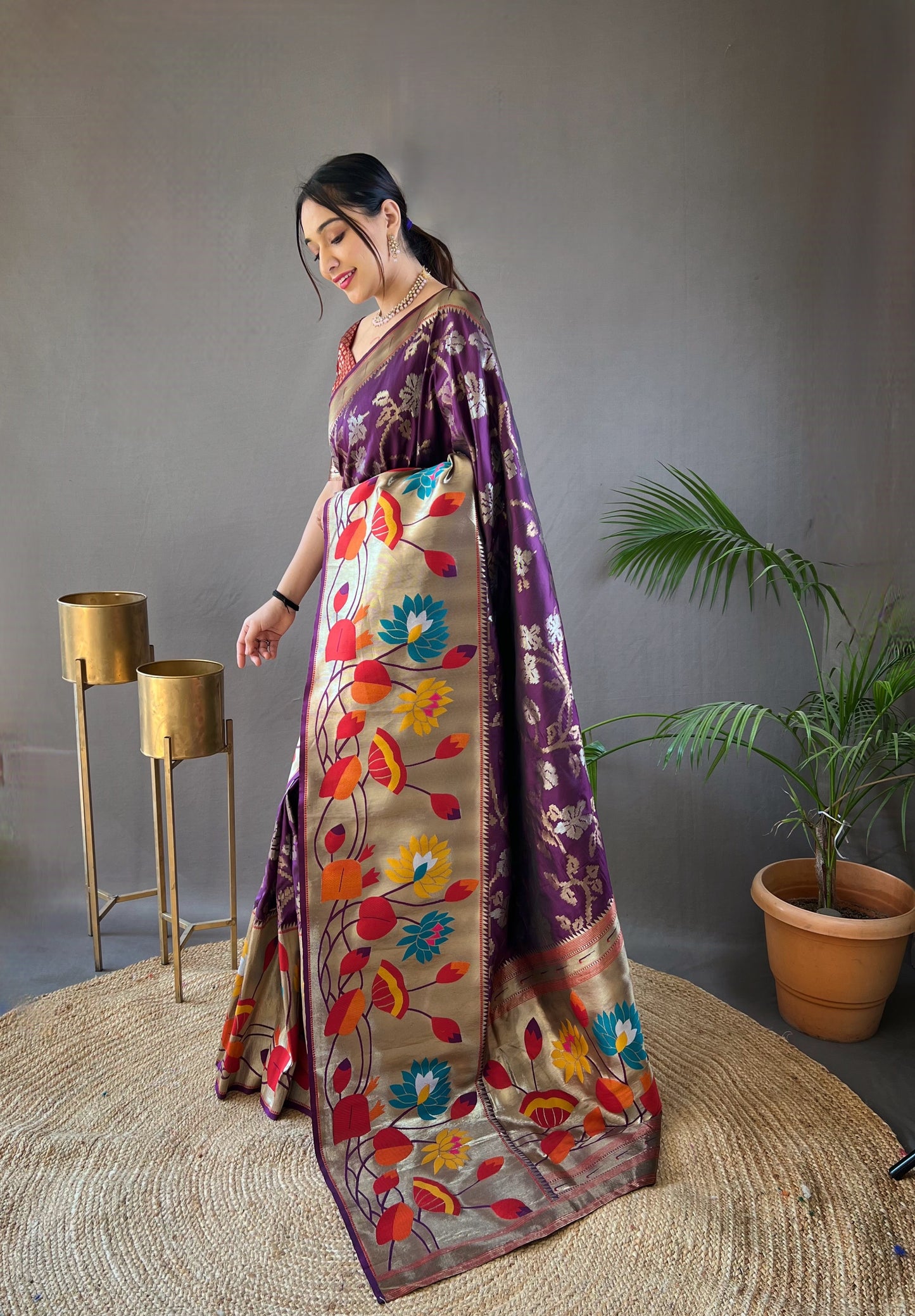 Wine Woven Silk Saree Set