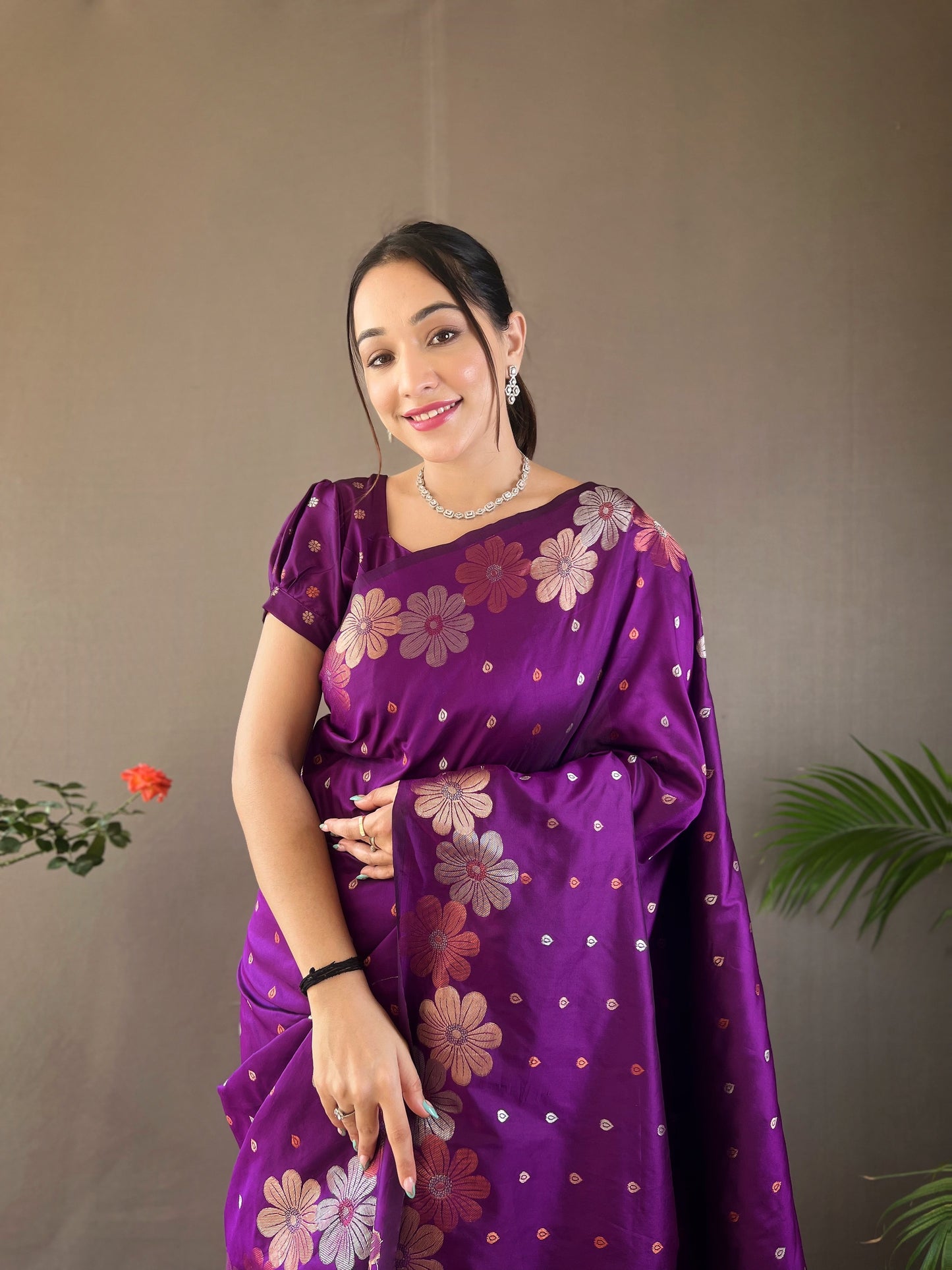 Wine Woven Soft Silk Saree Set