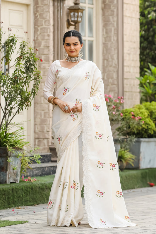 Women Embroidered White Saree with Contrast Border