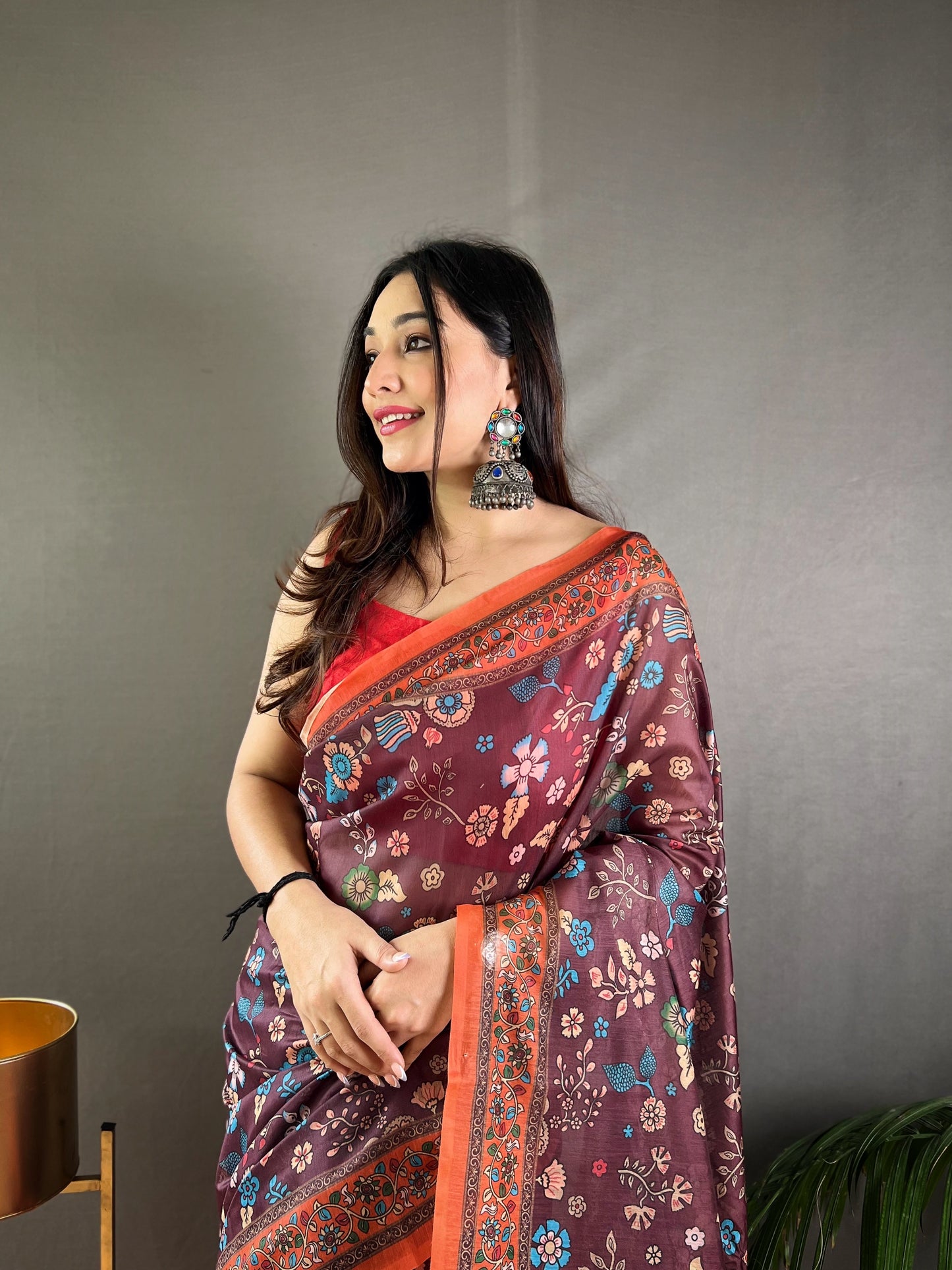 Wine Floral Print Saree with Contrast Border