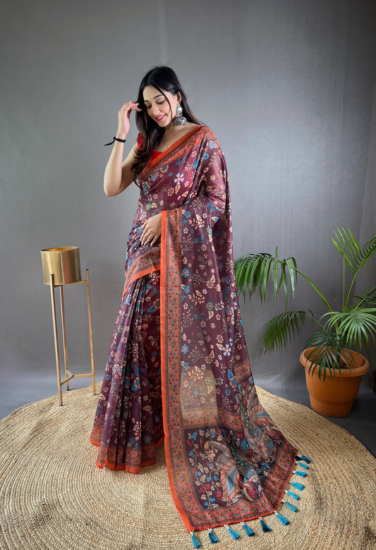 Wine Floral Print Saree with Contrast Border