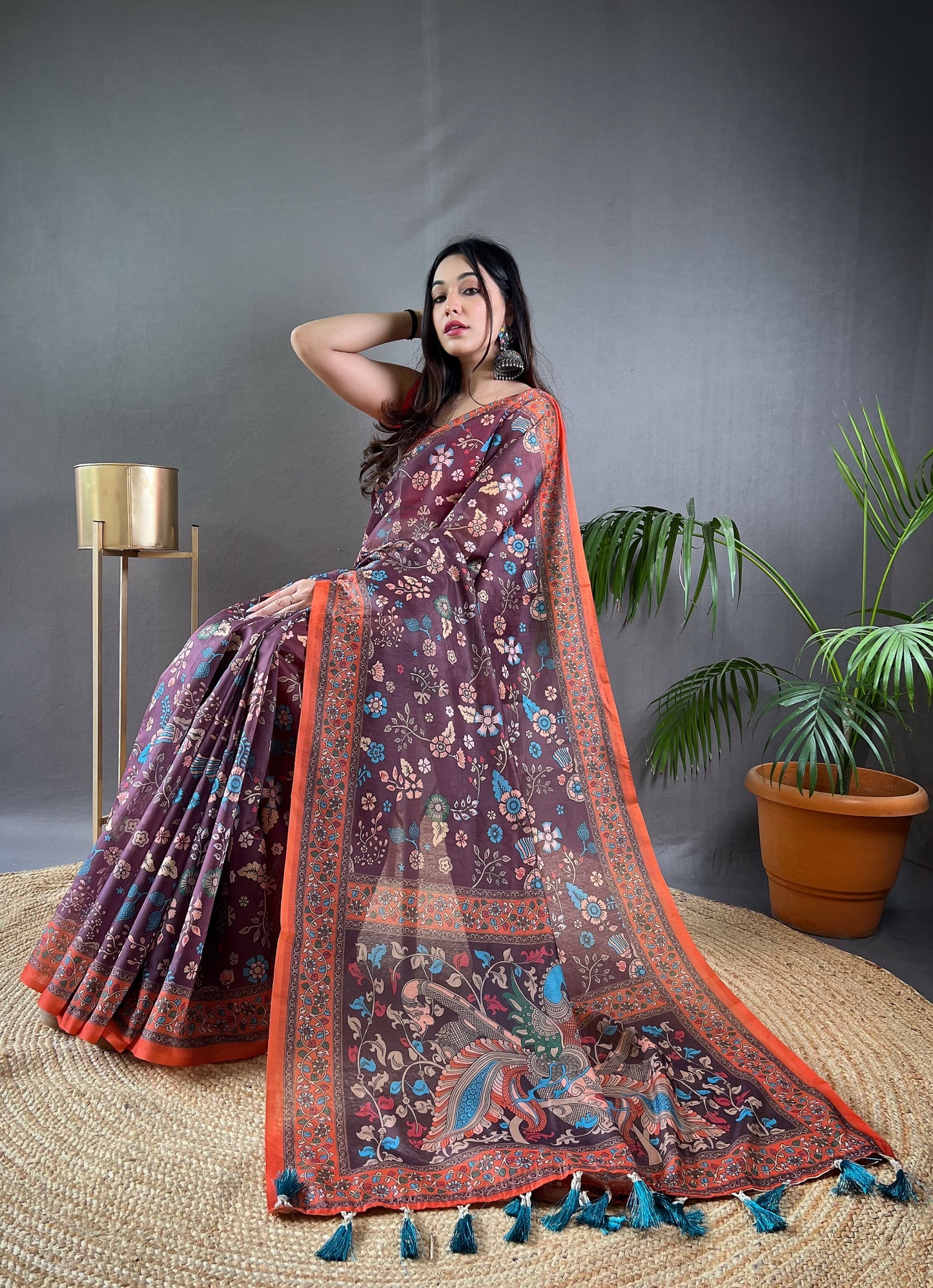 Wine Floral Print Saree with Contrast Border