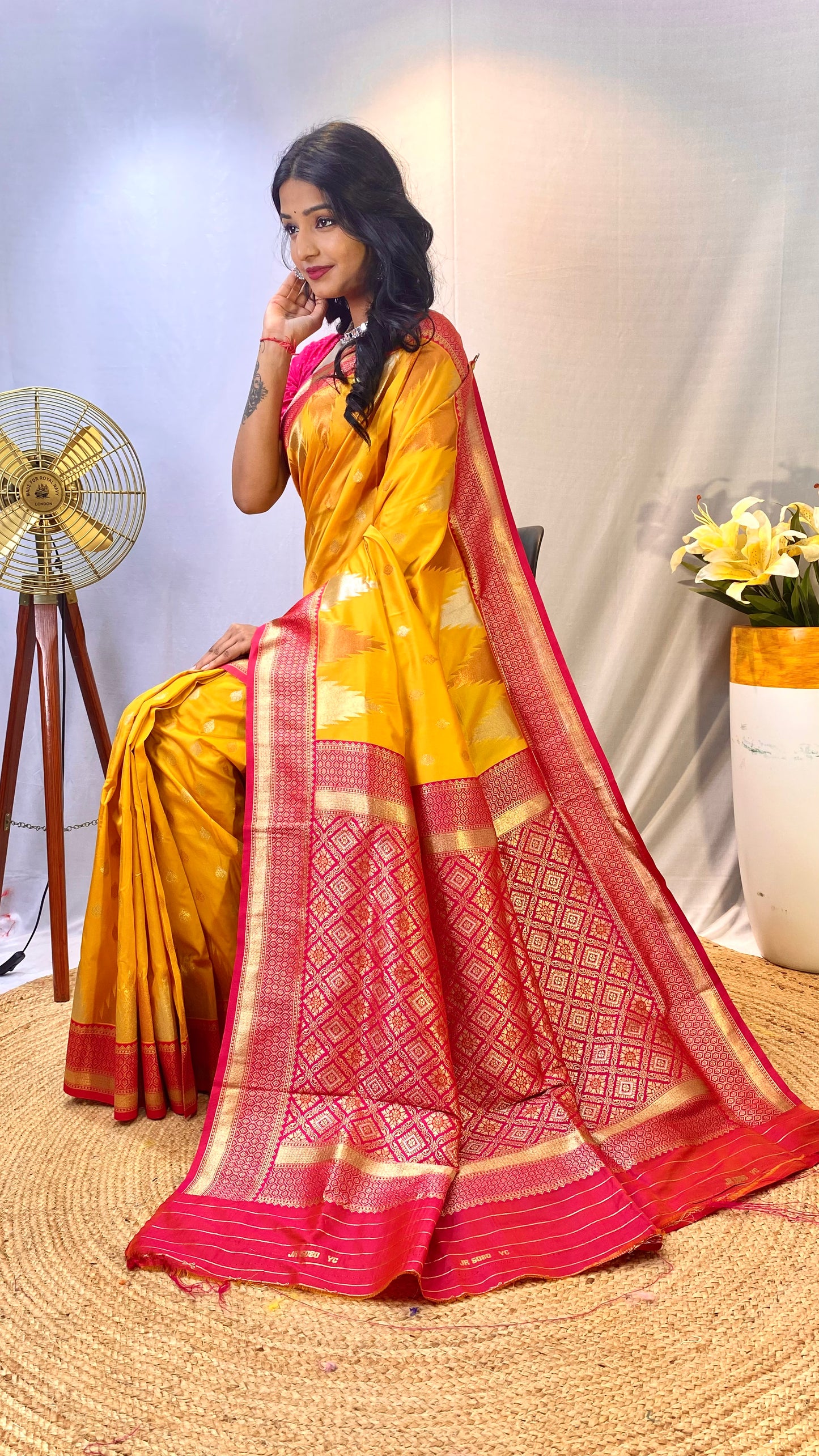 Yellow Print Work Silk Traditional Saree