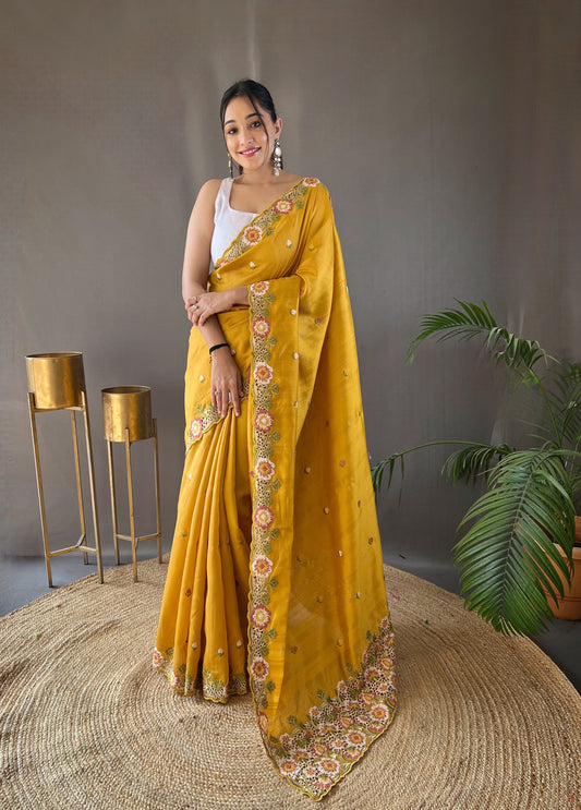 Yellow Floral Embroidered Tussar Silk Saree Set