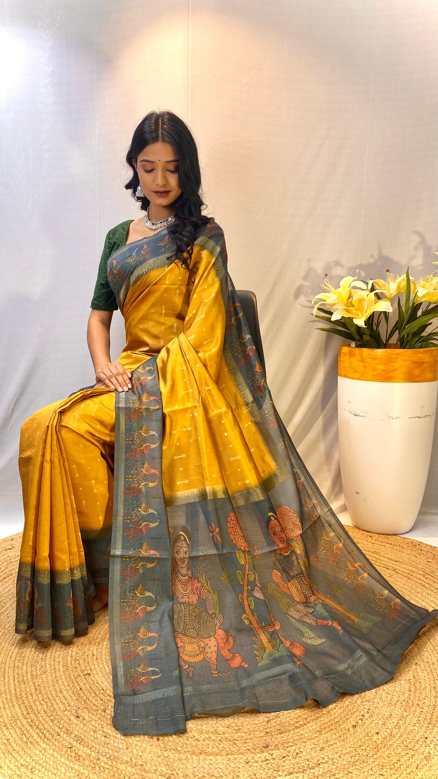 Yellow Chanderi Silk Sarees With Contrast Pallu & Border Printed With Contrast Blouse