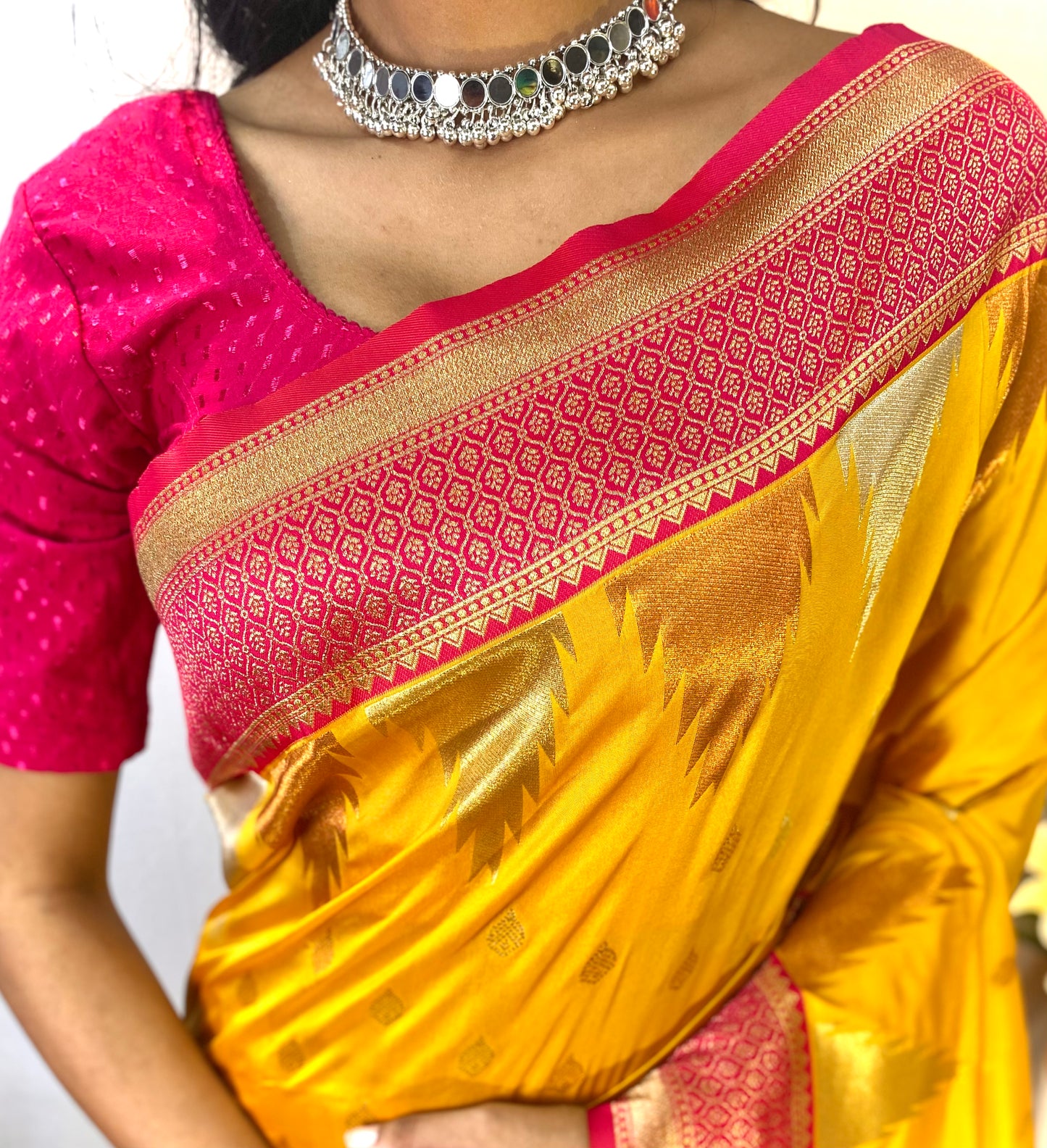 Yellow Print Work Silk Traditional Saree