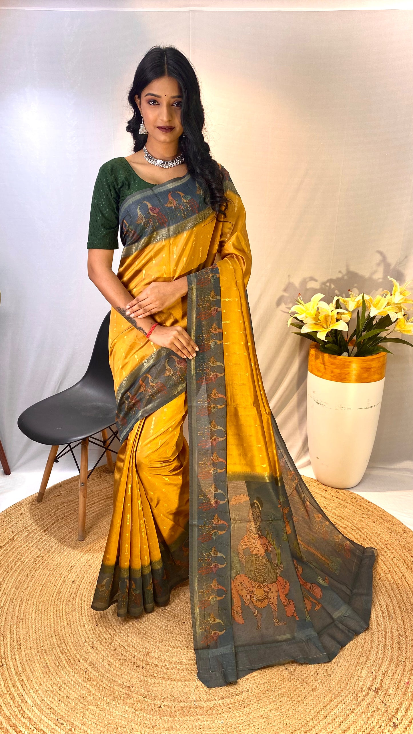 Yellow Chanderi Silk Sarees With Contrast Pallu & Border Printed With Contrast Blouse