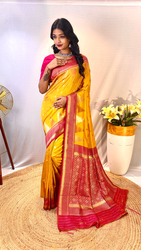 Yellow Print Work Silk Traditional Saree