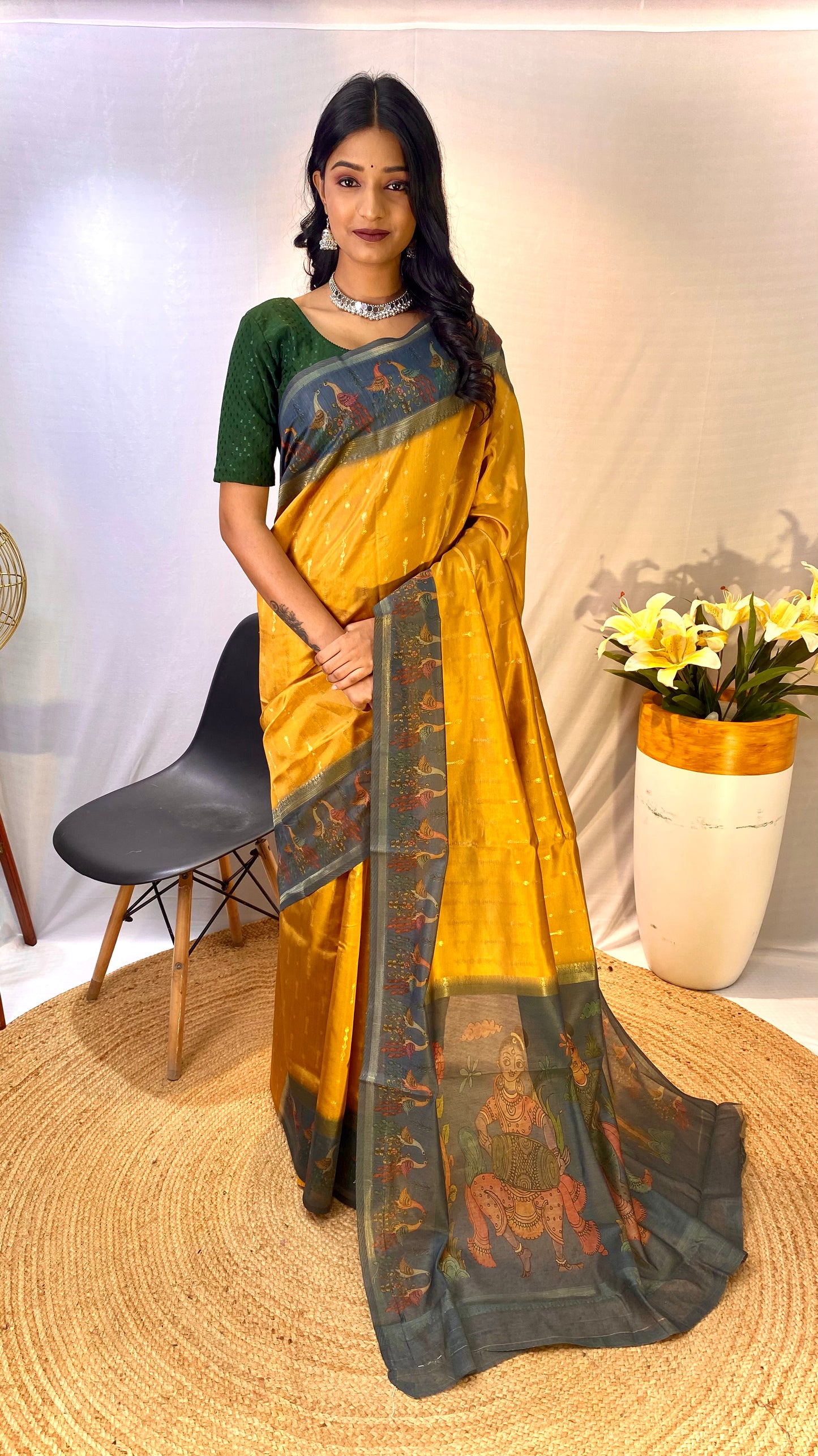 Yellow Chanderi Silk Sarees With Contrast Pallu & Border Printed With Contrast Blouse